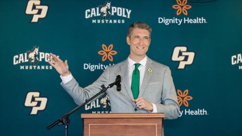 Carter Henderson at a press conference at the Performing Arts Center.