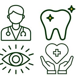 An illustration of a doctor, an eyeball, a tooth and two hands holding a heart with a medical plus sign in it.