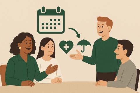 An illustration of a team sitting at a table and talking about health benefits