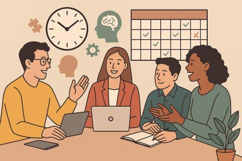 An illustration of team members sitting at a table together and talking.