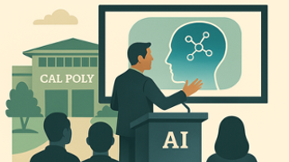  An AI-rendered illustration of a person speaking about AI at Cal Poly. 