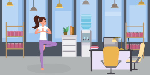 An illustration of a person doing yoga in their office. 