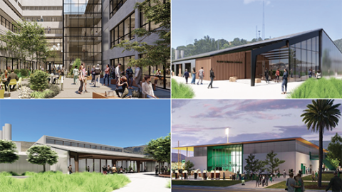 A collage of renderings of new construction projects, including Kennedy Library, the Animal Health Center, John Madden Football Center and the Plant Sciences Complex. 