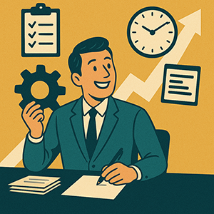 An illustration of a man sitting at a desk with a clock, a calendar, a gear and a checklist in the background.
