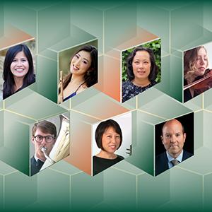 A collection of headshots: Idona Cabrinha, piano; Jennifer Jo, flute; Janet Joichi, piano; Emily Lanzone, violin; Stephen Nutt, tuba; Grace Seng, violin; and Christopher J. Woodruff, trumpet.