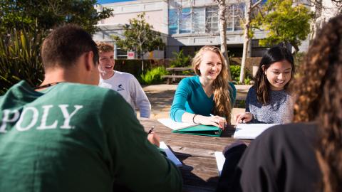 A group of students working together at a table outdoors.
