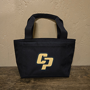 A black Cal Poly branded lunchbox with the yellow “CP” logo.