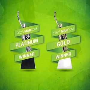 An image of two MarCom awards on a green background with the words “2025 MarCom Platinum Winner and 2025 MarCom Award Gold Winner.”