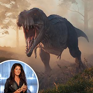 An inset of Lindsey Zanno with T. rex in the background.