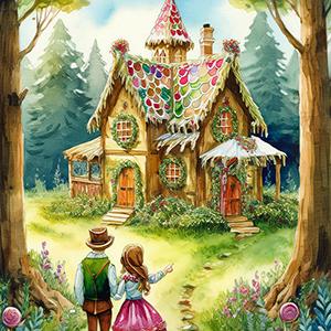 An illustration of Hansel and Gretel stumbling upon the witch’s gingerbread house.