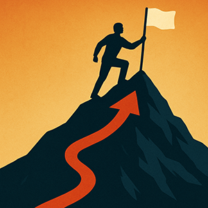 A silhouette of a person climbing a mountain with a gold background and red arrow point up.