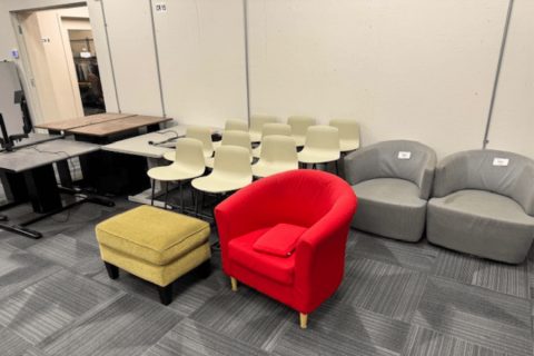 Tables, desks and chairs available as surplus.