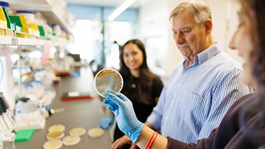 Student Kaitlyn Calligan holds an ancient bacteria strain grown in a petri dish, with student Safiya Rufino and professor emeritus Raul Cano in the background.