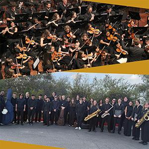 A collage of the Cal Poly Symphony and University Jazz Band.