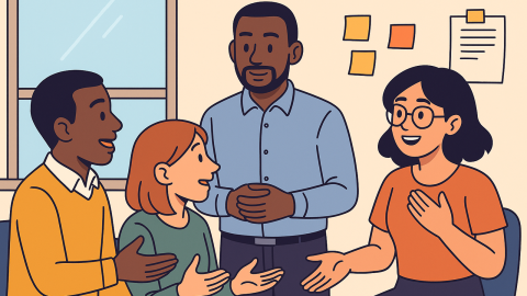 An illustration of coworkers having a discussion in the office.