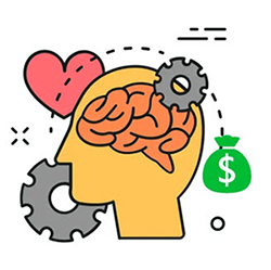 An illustration of a person’s head and brain surrounded by a heart, a bag of money and gears.