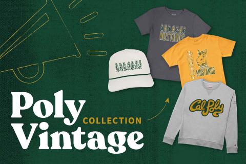 Artwork showing Poly Vintage Collection name, hat, T-shirts and sweatshirt.