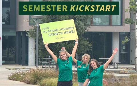 A graphic with a photo of students standing on campus with a sign that reads “Your Mustang Journey Starts Here!”