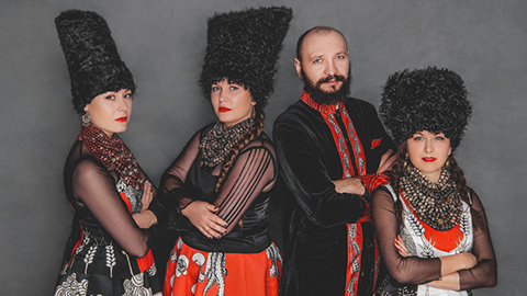 Image of DakhaBrakha band members (left-right): Olena Tsybulska, Iryna Kovalenko, Marko Halanevych and Nina Garenetska.