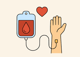 An illustration of someone giving blood with an arm, a blood bag and a heart.