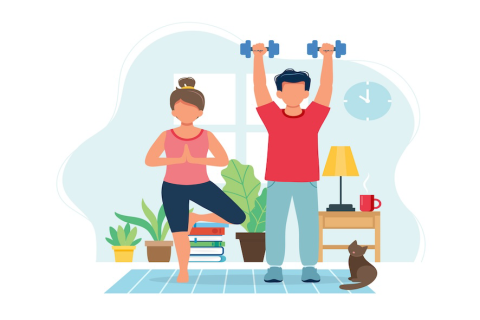 An illustration of two people exercising. One is doing yoga and the other is lifting weights.