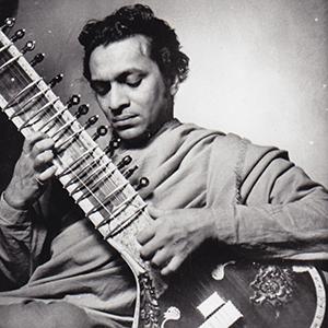 An ensemble member playing a sitar.