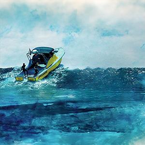 An illustration of a small boat with people aboard riding a stormy sea.