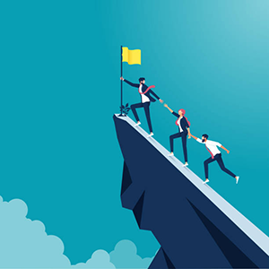 An illustration of workers climbing a mountain toward a flag.