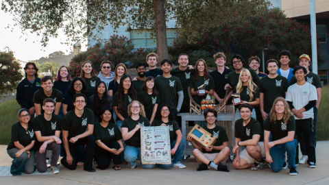 Members of Cal Poly Amusement Park Engineers and Designers (CAPED) gathered in the Cal Poly Engineering Plaza.