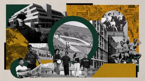 A collage of images of Cal Poly's history, including students from different generations, campus buildings and campus maps.