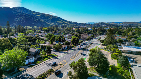 Grand Avenue in San Luis Obispo with the hills in the background.