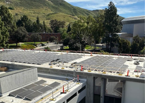 A view of solar panels on the roof of the University Union on Cal Poly’s campus.