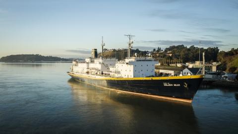 The Training Ship Golden Bear docked in the bay near Cal Poly Maritime Academy.