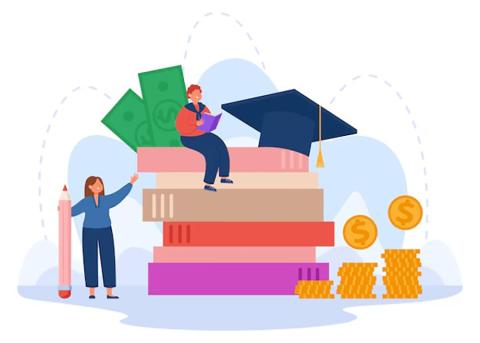 An illustration of a student holding a giant pencil and another student sitting on a stack of books with money and a graduation cap next to them.
