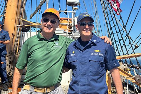 Cal Poly Maritime Academy Superintendent Eric C. Jones with current vessel Captain Kris Ensley aboard&nbsp;USCGC Eagle.