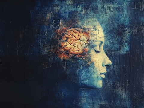 An illustration of a brain inside a woman’s head with her face in profile.