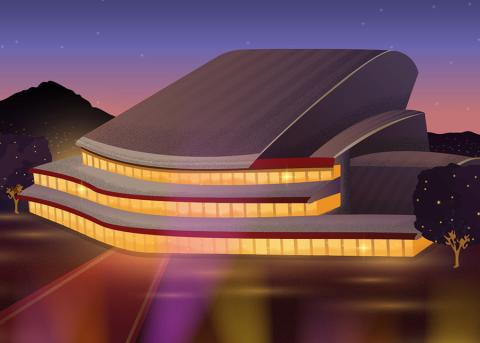 An illustration of the Performing Arts Center San Luis Obispo at night.