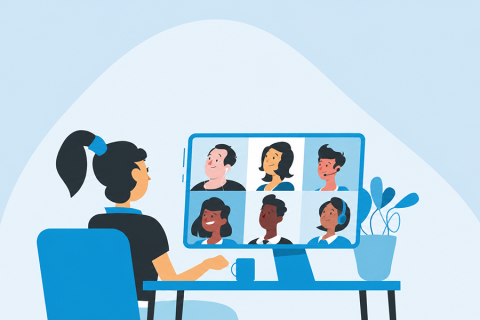 An illustration of a person participating in a video conference on a desktop computer.