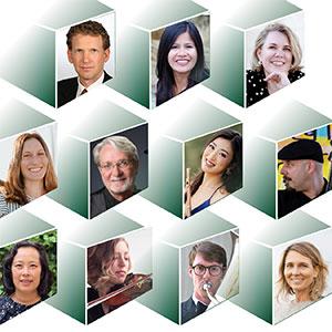 A graphic with headshots of Cal Poly faculty members in geometric shapes.