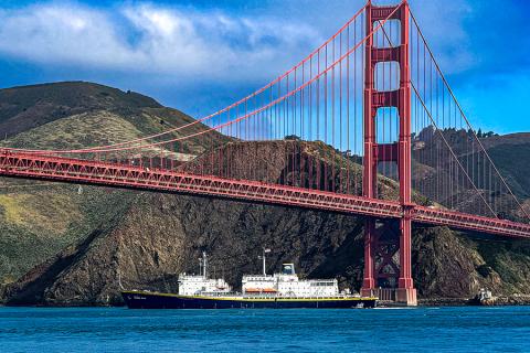 The Golden Gate Bridge marked the start of Training Ship Golden Bear's final voyage during the past Summer Sea Term.