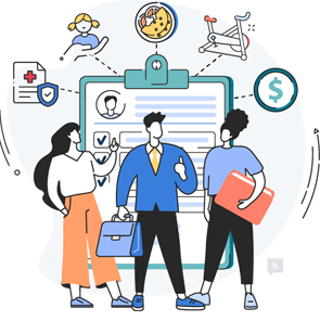 An illustration of people talking to an insurance representative about benefits with a giant clipboard and icons in the background.