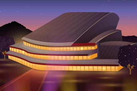 An illustration of the Performing Arts Center lit up at night.