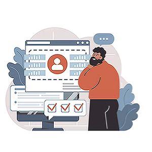 An illustration of a person looking at different website features on a computer screen.