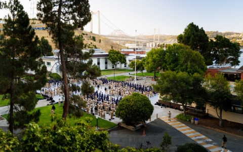 Cadets in formation in the quad at Cal Poly Maritime Academy.