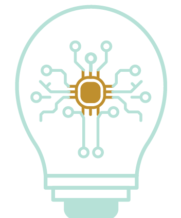 An illustration of a lightbulb with computer chip circuitry in place of the wiring.