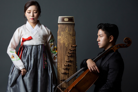 Image of Sol Daniel Kim and Dayoung Yoon with their instruments.