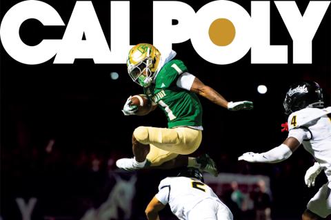 The Cal Poly Magazine masthead overlaid with a photo of a Cal Poly football player jumping over a defender.