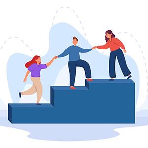 An illustration of three people helping each other up a staircase.