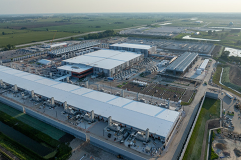 A data center surrounded by open space.