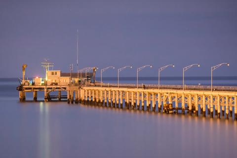 The Cal Poly Pier lit up at dusk.